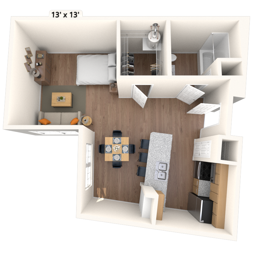 Floor plan for studio, 1 bath, 628 sqft